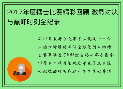 2017年度搏击比赛精彩回顾 激烈对决与巅峰时刻全纪录