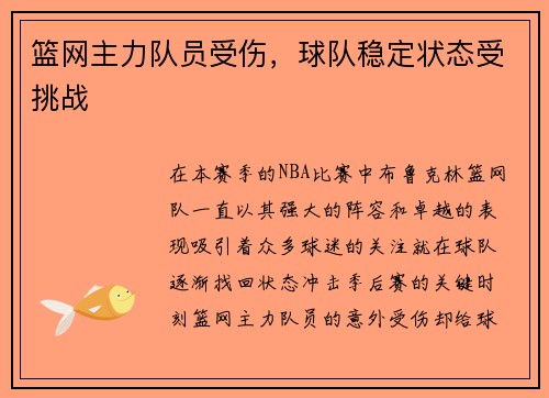 篮网主力队员受伤，球队稳定状态受挑战